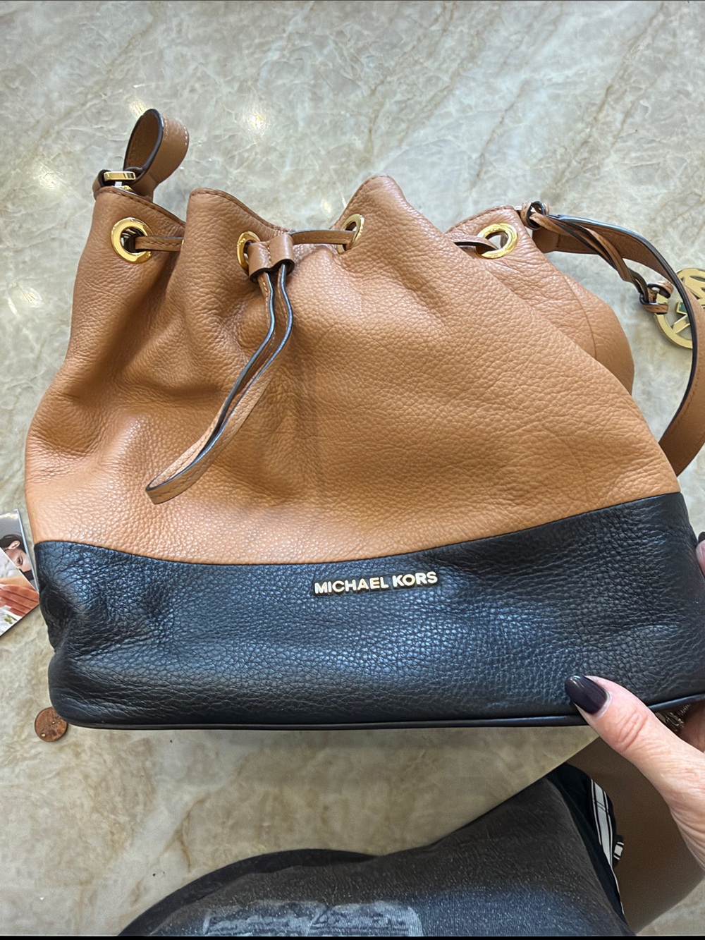 MICHAEL KORS Two-Tone Tan and Black Pebbled Leather Drawstring Shoulder Bag